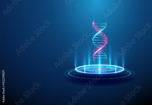 DNA on futuristic podium. Genetic research, biotechnology, molecular biology, genomics concept. Glowing DNA strand, sci-fi platform.