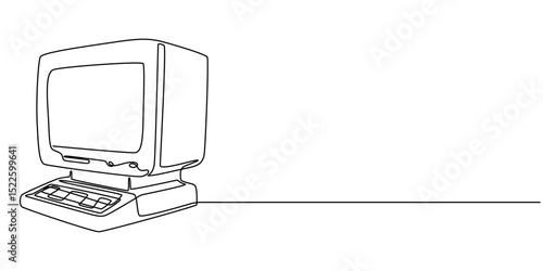 Illustration of a retro personal computer, Retro computer terminal continuous one line drawing, Classic Desktop Computer Drawing