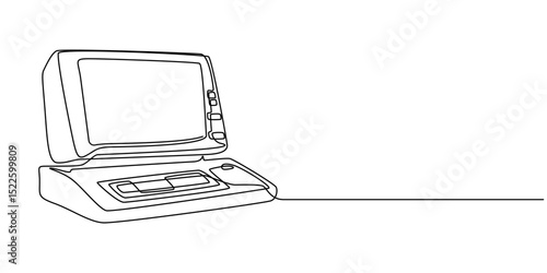 Illustration of a retro personal computer, Retro computer terminal continuous one line drawing, Classic Desktop Computer Drawing