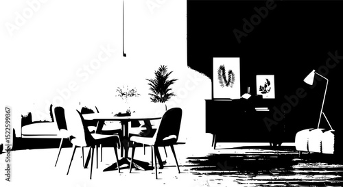 Mint color chairs at round wooden dining table in room with sofa and cabinet near green wall. Scandinavian, mid-century home interior design of modern living room .Minimalist dining room design