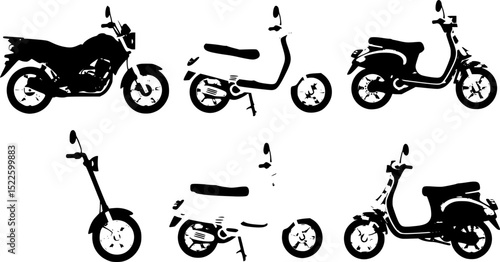 Scooters and motorcycle set vector illustration. Cartoon isolated different motor city transport collection with black modern motorbike, retro pink moped for girl driver, green scooter for travel