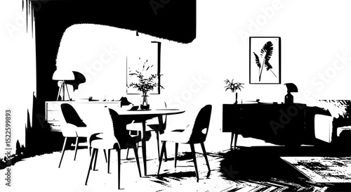 Mint color chairs at round wooden dining table in room with sofa and cabinet near green wall. Scandinavian, mid-century home interior design of modern living room .Minimalist dining room design