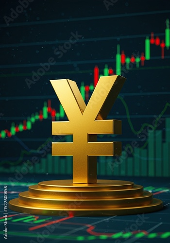 Golden Yen or Yuan Symbol on a Pedestal with Bullish Candlestick Chart Background - Asian Market Growth and Investment. 