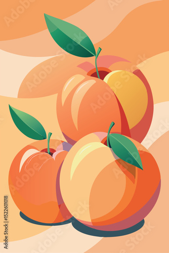 Illustration of a set of fresh peaches with leaves on an orange background