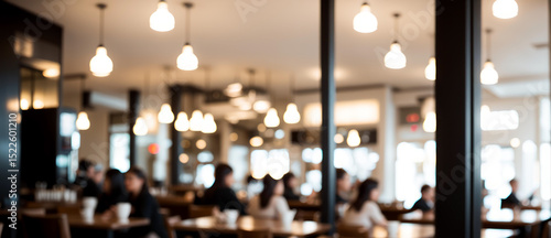 Blurred view of people sitting at tables inside a cafe or restaurant with a cozy ambiance, modern furnishings, and soft warm lighting in a relaxed urban setting.
