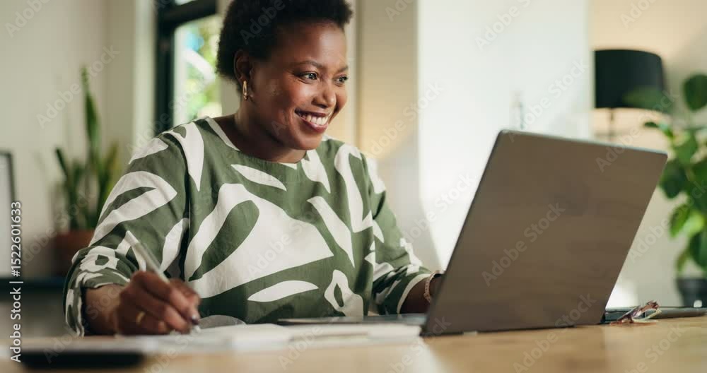 Happy, entrepreneur and woman with laptop, writing or calculation for return on investment or house. Excited, black person and plan for financial success on web, home and asset management with tech