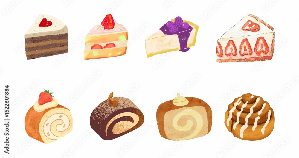 Illustrations of various dessert slices and Swiss rolls, featuring diverse flavors, toppings like strawberries and raspberries, and rich textures. Illustrations of various dessert slices and Swiss rolls, featuring diverse flavors, toppings like strawberries and raspberries, and rich textures.