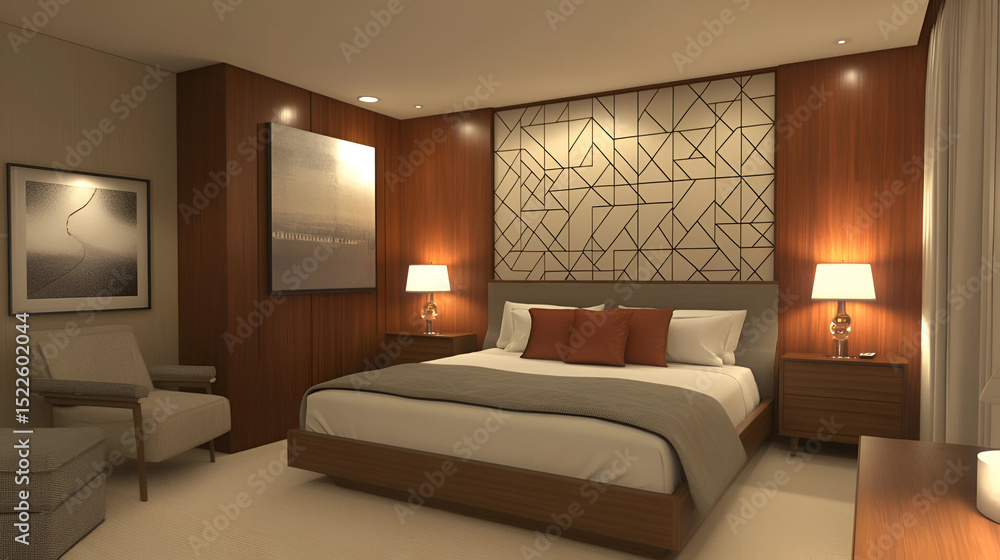 A sleek and modern bedroom with neutral furniture, an accent wall with geometric designs, and rich wood finishes A sleek and modern bedroom with neutral furniture, an accent wall with geometric designs, and rich wood finishes