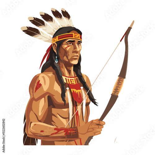Traditional American Indian Warrior Holding Bow and Arrow Vector Illustration