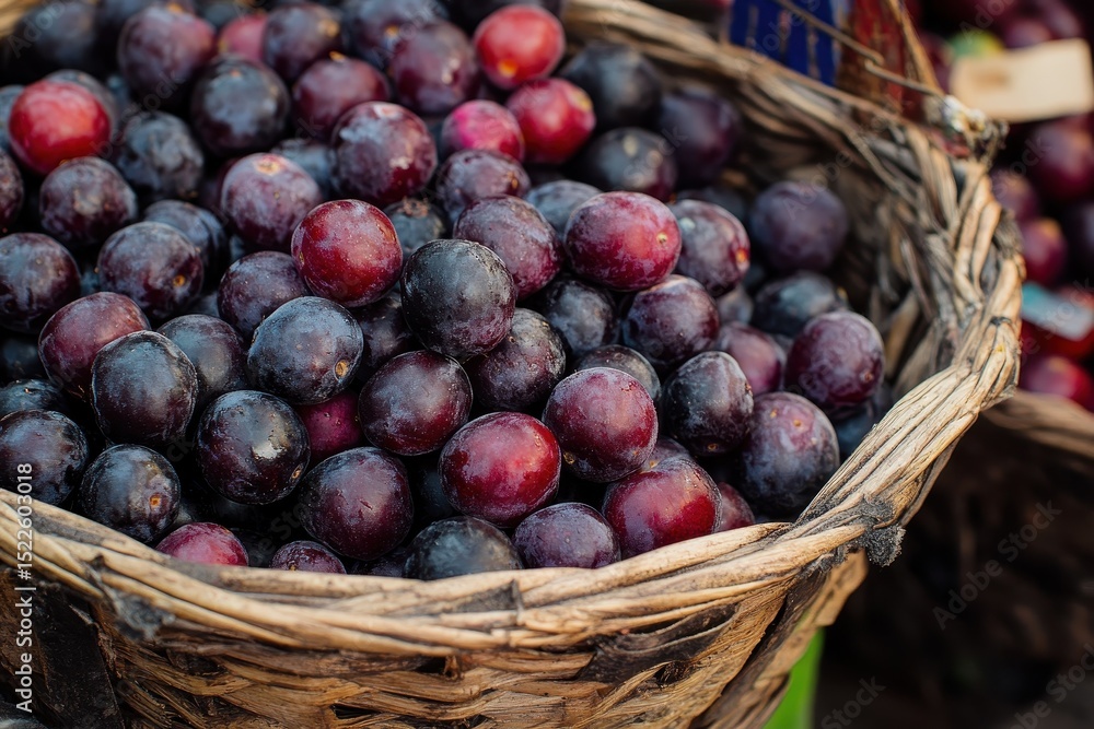 Fototapeta premium Farmers Market Berries: Fresh Raspberry, Blackberry, and Plum Selection for Organic Jam