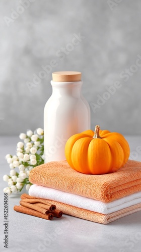 Orange Pumpkin and White Bottle Beside Stacked Towels and Cinnamon Sticks