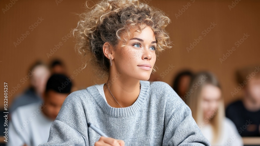 Fototapeta premium A college student looks thoughtful while taking notes in a lecture hall. Others students are blurred in the background.