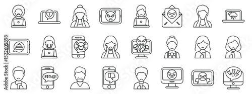 Cyber bullying harassment icons set. Icons representing cyberbullying, depicting online harassment, trolling, hate speech, and other forms of digital aggression