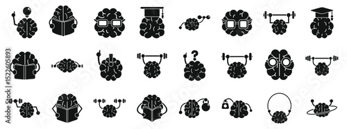 Train brain icons set. Brain training icons depict various mental activities, including reading, exercising, and problem solving, symbolizing cognitive enhancement and learning