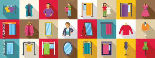 Fitting room icons set. Fashion retail store scene with customers choosing clothes, trying dresses, and using fitting rooms with curtains and mirrors