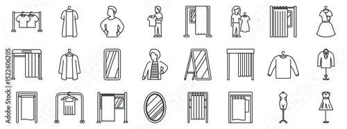 Fitting room icons set. Line icons representing customers trying on clothes, mirrors, fitting rooms, mannequins and hangers