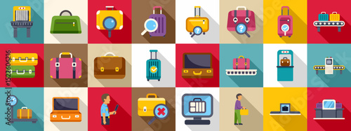 Luggage screening icons set. Colorful icons depicting various aspects of airport luggage handling, including security checks, baggage claim, and weight measurement