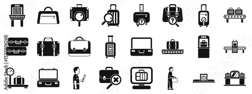 Luggage screening icons set. Luggage checking and airport security screening process with baggage, suitcase, briefcase, and security personnel