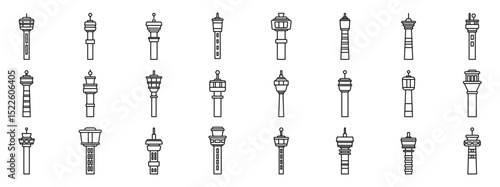 Airport control tower icons set. Airport control towers overseeing flight operations, guiding aircraft movements for efficient and secure air travel