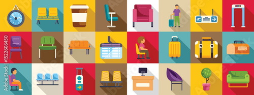 Airport waiting area icons set. Diverse airport themed icons showcasing travel essentials and facilities