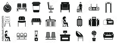 Airport waiting area icons set. Airport waiting area essentials, including comfortable seating, luggage, flight information displays, and security checkpoints, ensure a smooth travel experience