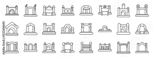 Inflatable bouncy house icons set. Various inflatable structures, including bouncy houses and castles, offer exciting playtime for kids