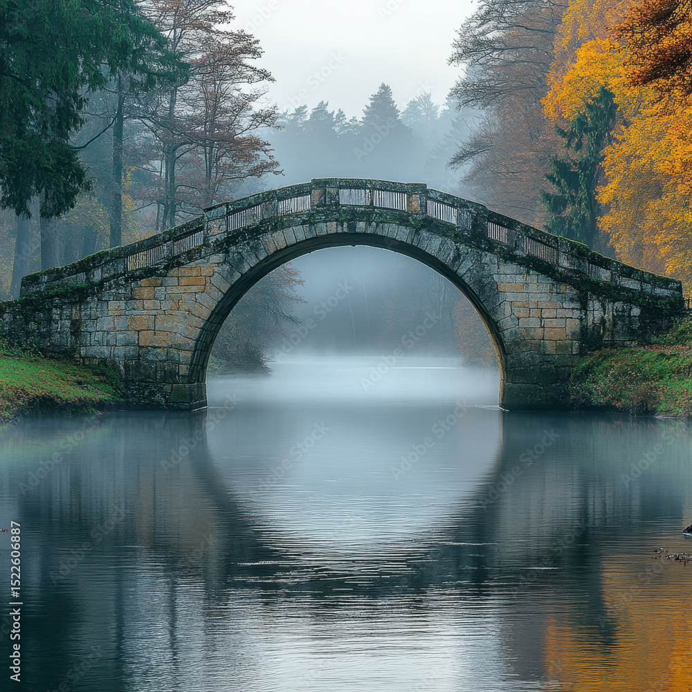 Fototapeta premium An arched bridge over a tranquil autumn lake.