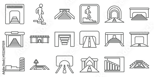 Underpass icons set. Line art icons representing various types of underground passages, subways, and pedestrian tunnels, emphasizing accessibility and urban infrastructure