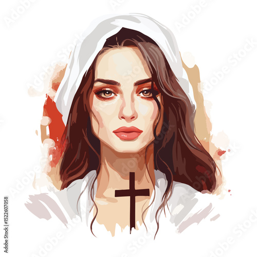 Ash Wednesday Woman Illustration: Vector Graphic of Isolated Female Character with Ash Cross on Forehead - Religious Element for Lent Season and Christian Remembrance
