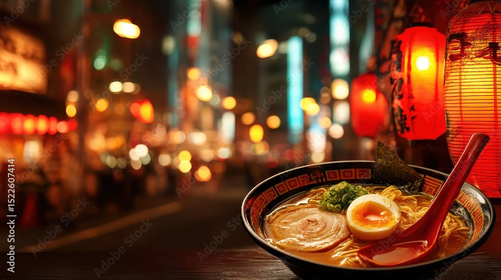 Fototapeta premium ramen bowl with egg and pork, blurry Tokyo ramen bar background