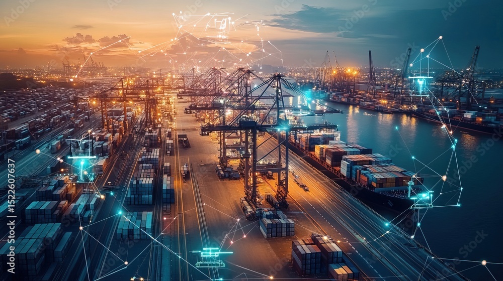 Fototapeta premium A high-tech shipyard with AI-powered crane systems loading freight, cyber-futuristic logistics operations