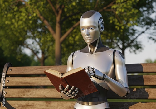 Emotional Robot Reading Book on Park Bench