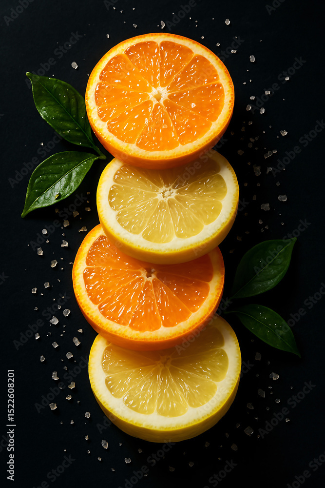 Stacked Citrus Slices Oranges Lemons Fresh Juicy Fruit Vibrant Colors Dark Background Stacked Citrus Slices Oranges Lemons Fresh Juicy Fruit Vibrant Colors Dark Background