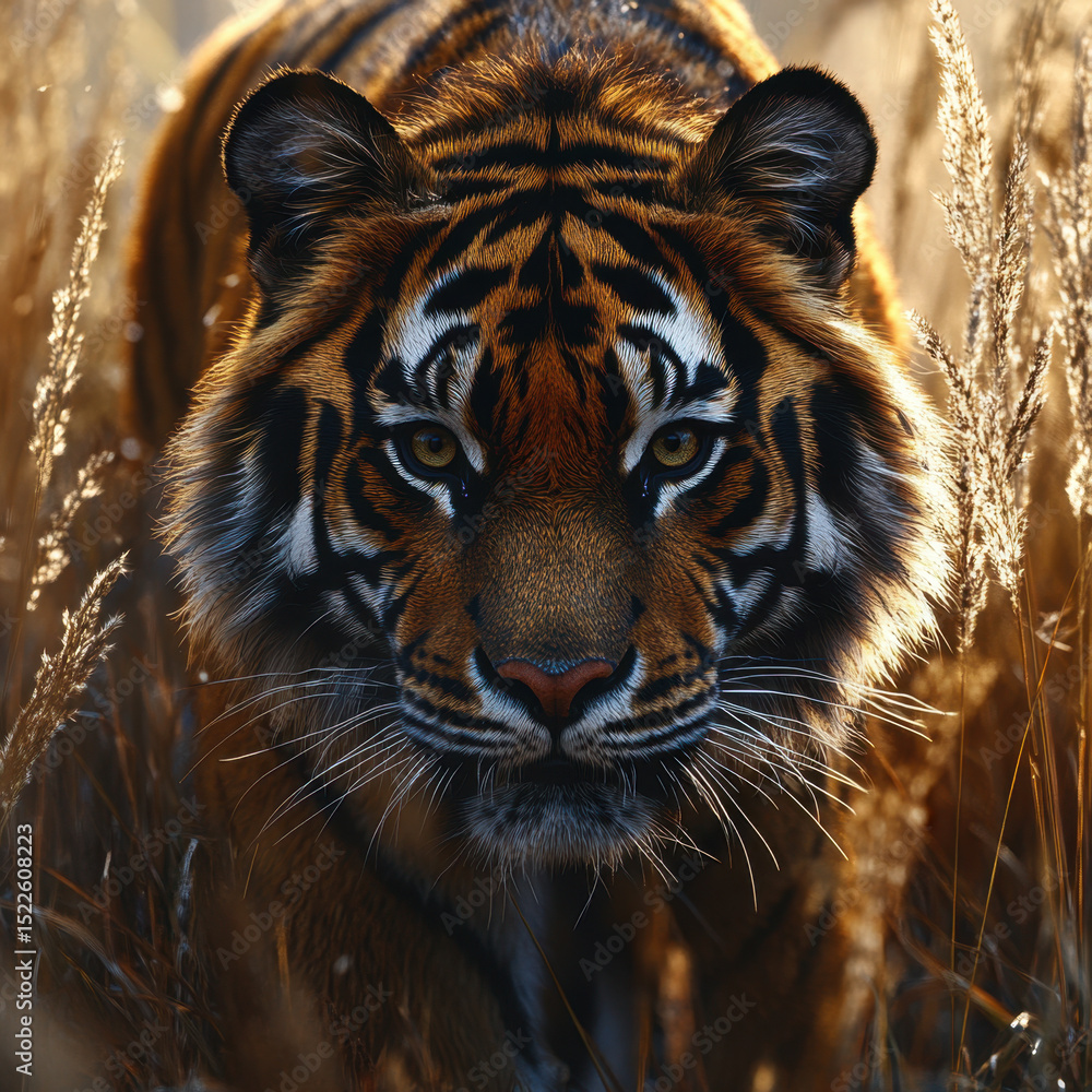 Obraz premium A tiger prowling through dense foliage in the wild.