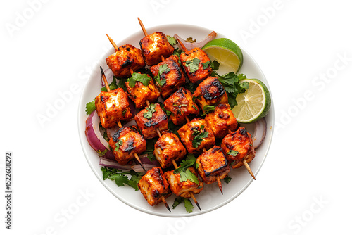 Paneer Tikka on a White Plate isolated on a transparent background