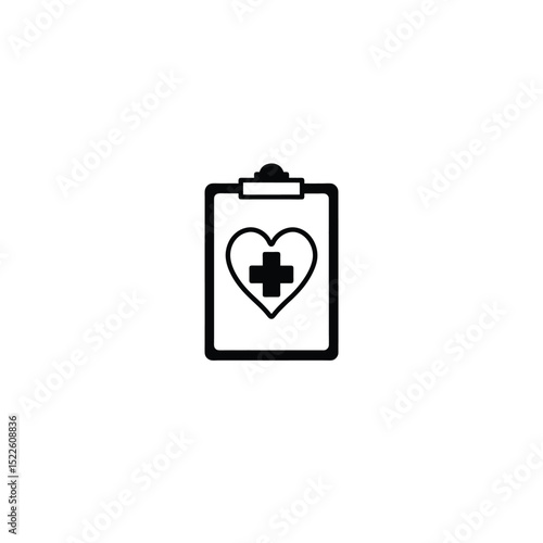 Silhouette of a clipboard with a heart and cross, symbolizing medical policies on white background