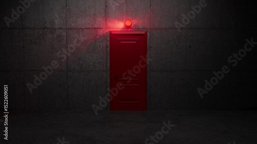 Emergency red exit door standing out with blinking safety beacon amid dark concrete interior, signaling urgent evacuation pathway through industrial space