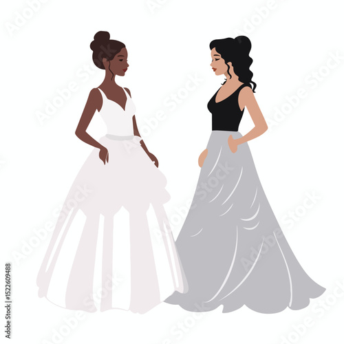 Elegant Bride and Bridesmaid Standing Icon on White Background for Wedding Designs