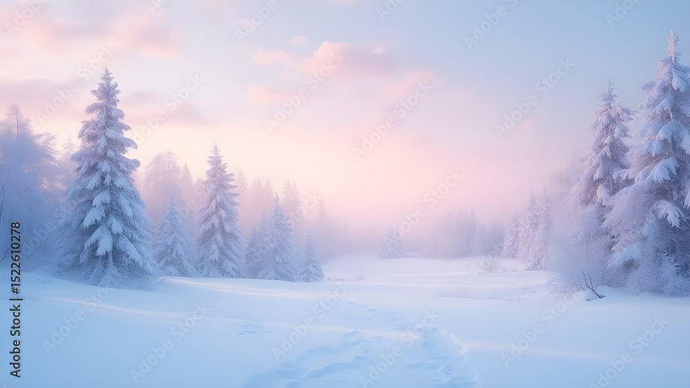 Snowy winter forest at dawn with pastel sky – peaceful frozen landscape background Snowy winter forest at dawn with pastel sky – peaceful frozen landscape background