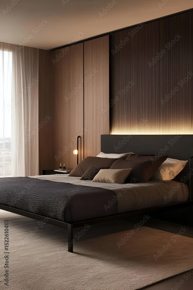 Fototapeta premium A sleek modern bedroom with a black metal bed frame, light wood accents, and minimalistic dcor