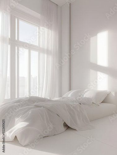 A sleek modern bedroom with a clean white palette, large windows, and a simple, elegant bed design