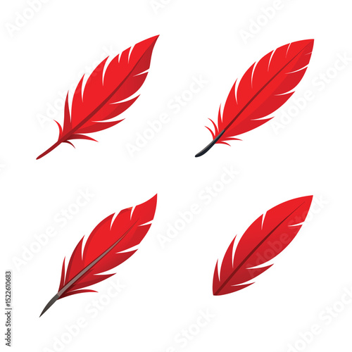 Four stylized red feathers are arranged in a square layout with a white background. Each feather features a gradient design, emphasizing the intricate vein patterns and vibrant color. 