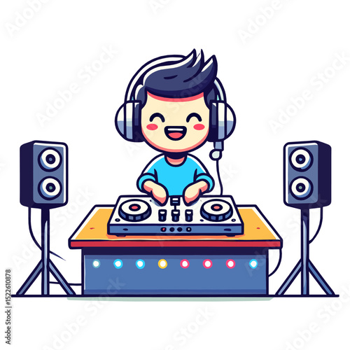Cheerful Cartoon Dj Character Mixing Music with Turntable in Music Studio with White Background