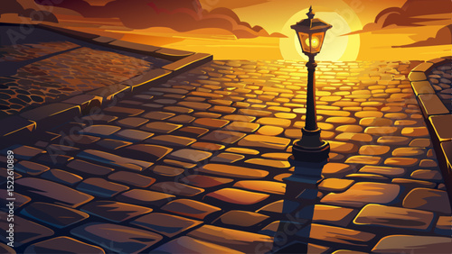 Close-up cobblestones shine under the golden sunset. Shadow of an old lamp post leans softly. History, texture, time, silence, and charm breathe through every stone.

Keywords: cobblestone, old, stree