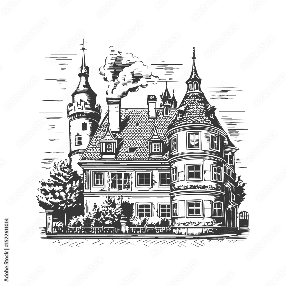 Fototapeta premium Victorian Castle With Turrets And Chimneys Black And White Silhouette Illustration. Architectural Heritage And Historical Design. Isolated Vector Illustration