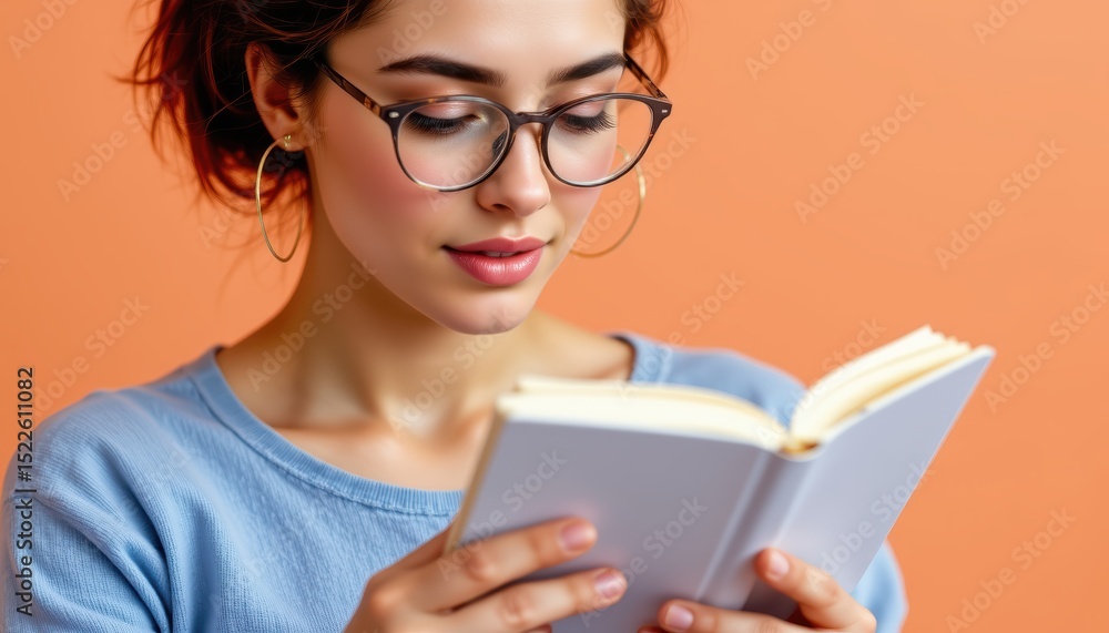 Young Woman Reading a Book with Glasses Against a Colorful Orange Background Young Woman Reading a Book with Glasses Against a Colorful Orange Background