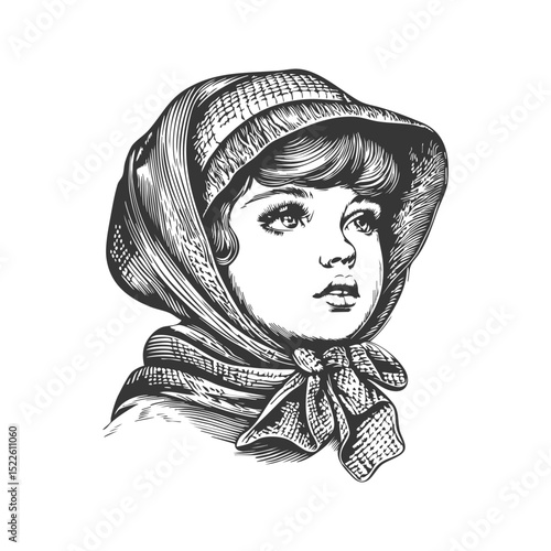 Young Girl In Vintage Headscarf Black And White Silhouette Illustration. Nostalgic Childhood Expression Isolated Vector Illustration