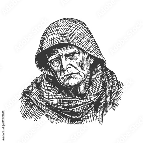 Elderly Monk In Hooded Cloak Black And White Silhouette Illustration. Reflects Wisdom And Contemplation. Isolated Vector Illustration