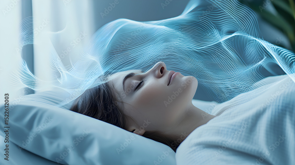 A woman peacefully sleeps in bed as digital blue waves flow above her, symbolizing dreams or brain activity. A woman peacefully sleeps in bed as digital blue waves flow above her, symbolizing dreams or brain activity.