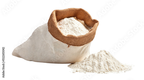 Freshly milled flour is spilling from a white canvas sack with a burlap top, creating a small mound of flour on a transparent background, perfect for food and baking projects